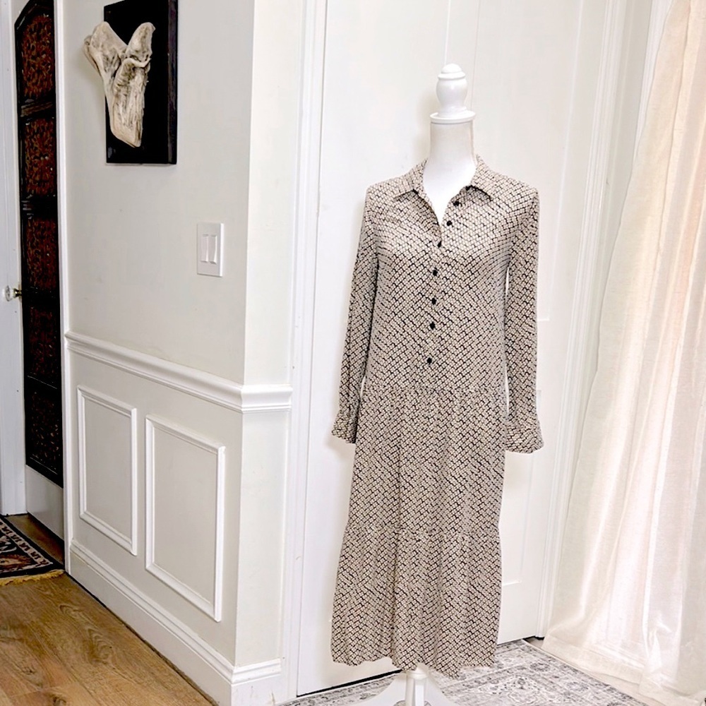Whistles Womens Clover Print Midi Shirt Dress Navy Beige Cupro Viscose Sz 4 Chic